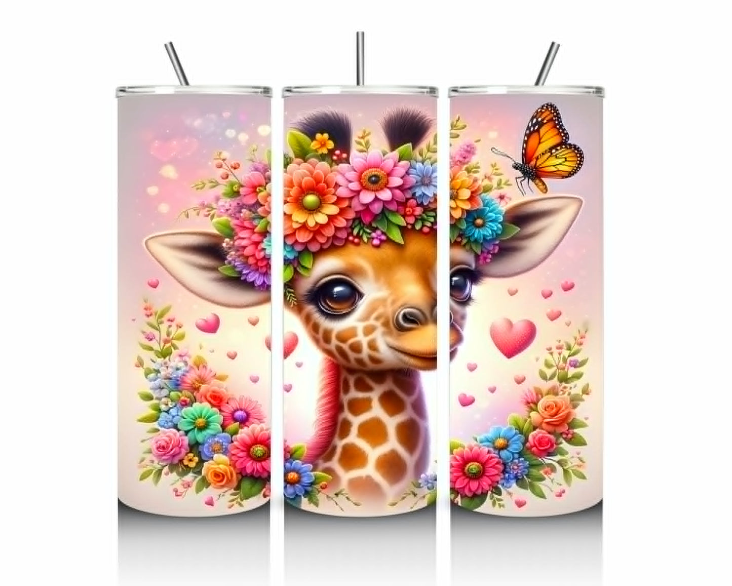 Cute Floral Giraffe 20oz Stainless Steel Tumbler